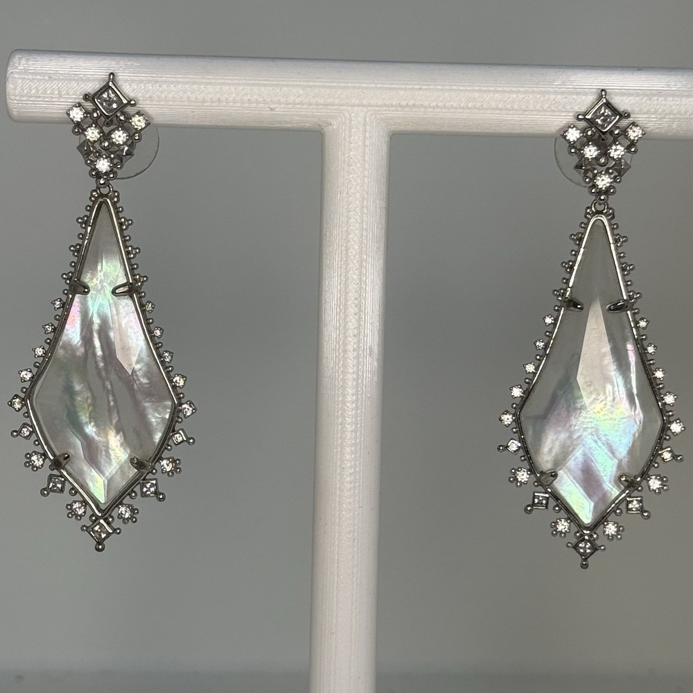 Kendra Scott Hexagon Drop Earrings Iridescent Shell Silver Tone Vintage KS Mark